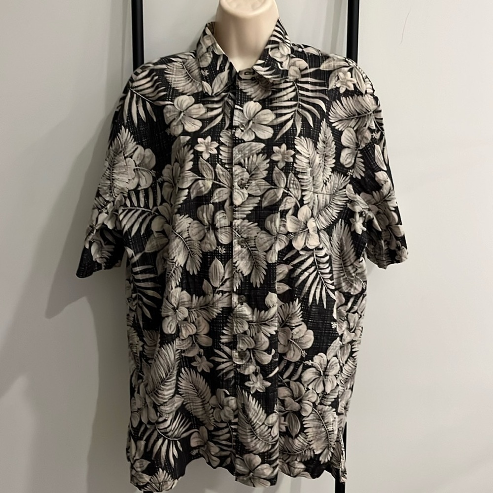 Tori Richard Honolulu Hibiscus Heliconia Areca White Black Shirt Men Size L